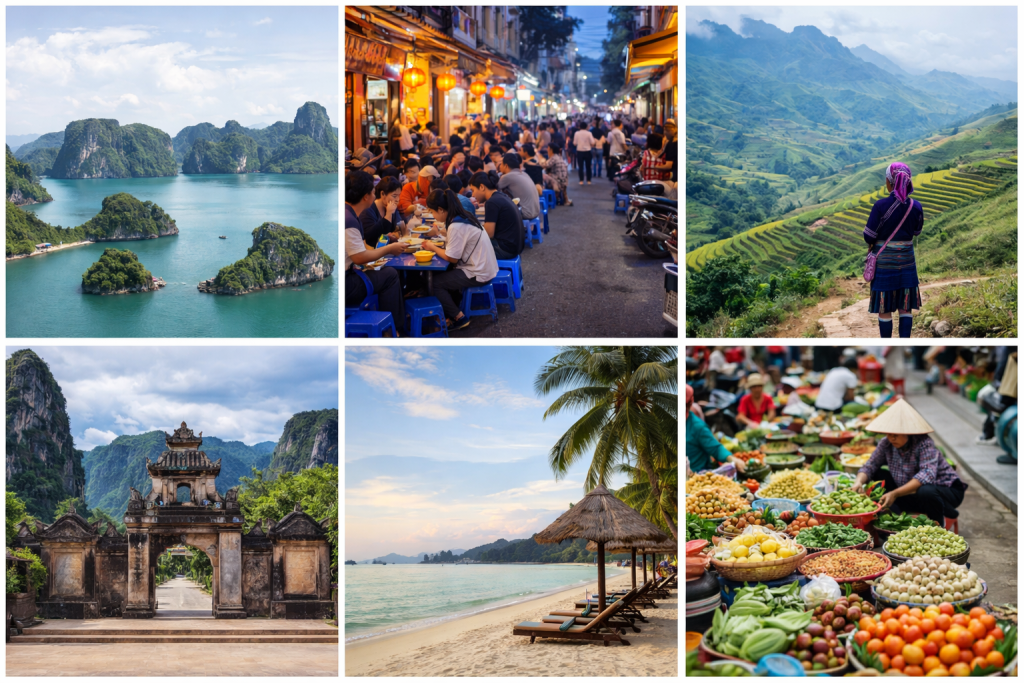 Vietnam travel collage showing landscapes, city life, mountains, beaches, and local markets