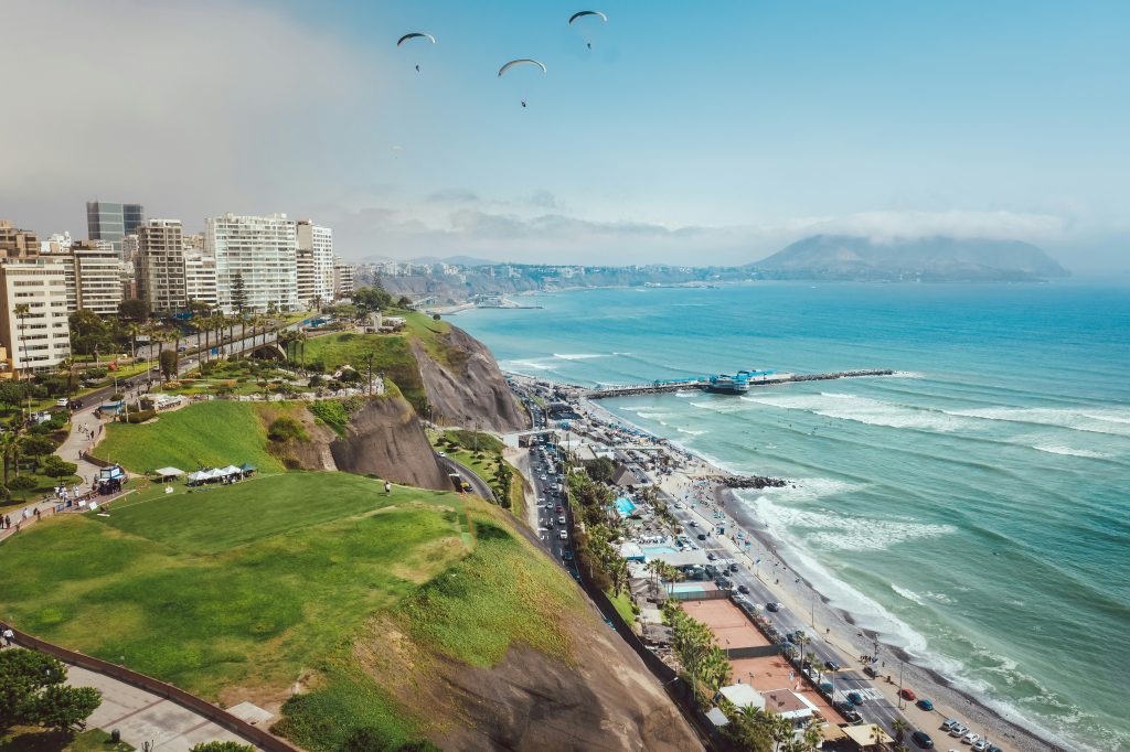 Lima coastal skyline with modern buildings and ocean view