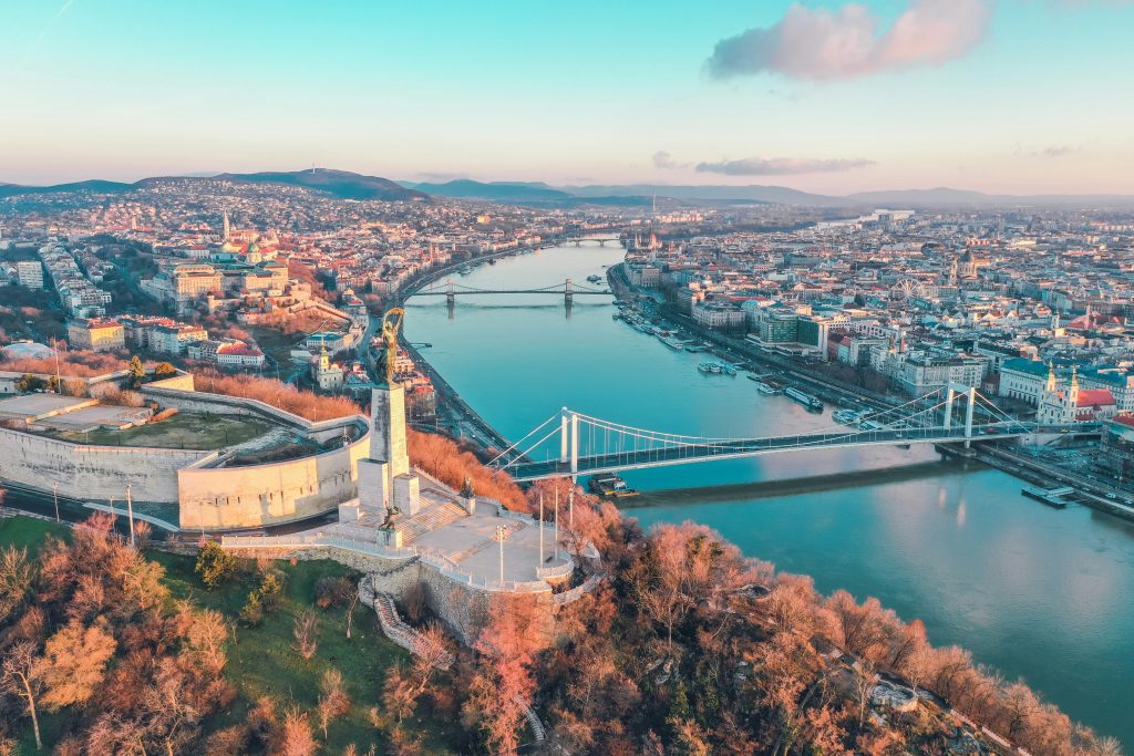 Budapest travel guide view of Danube river and city skyline with bridges