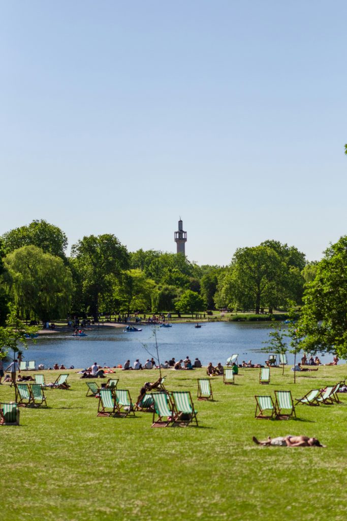 people relaxing in a London park near a lake with green trees and open space