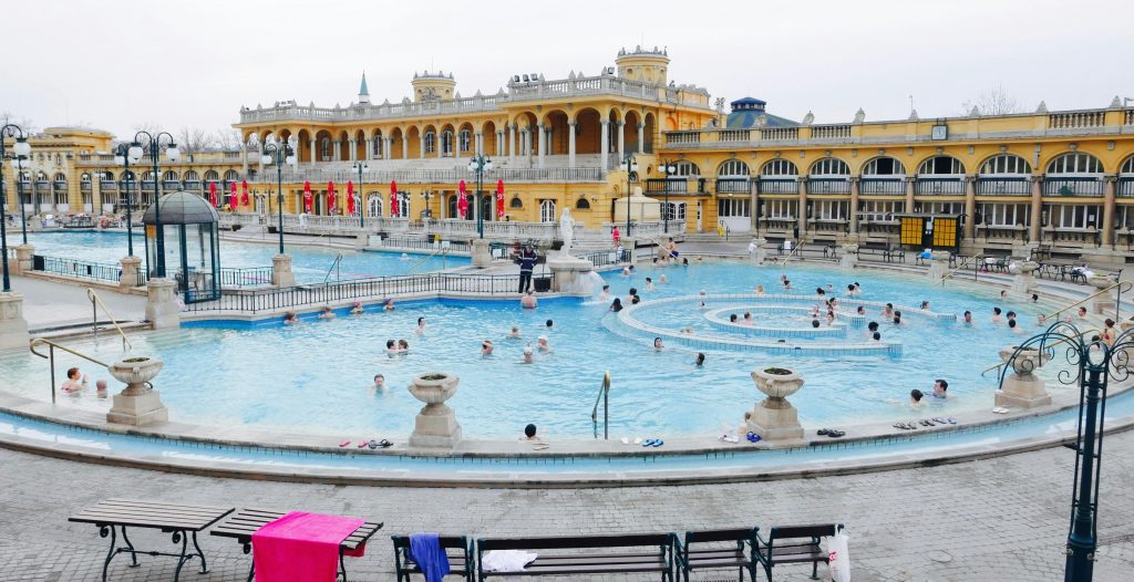 outdoor thermal baths in Budapest with historic architecture