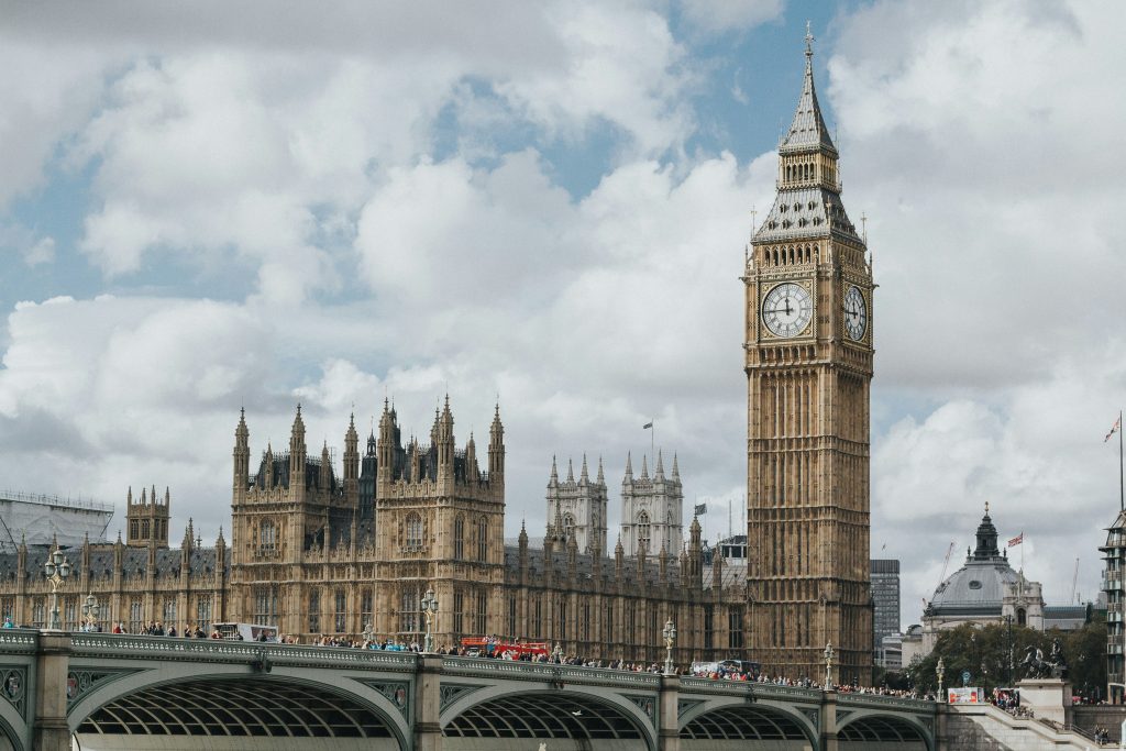 famous London landmarks including Big Ben and historic buildings