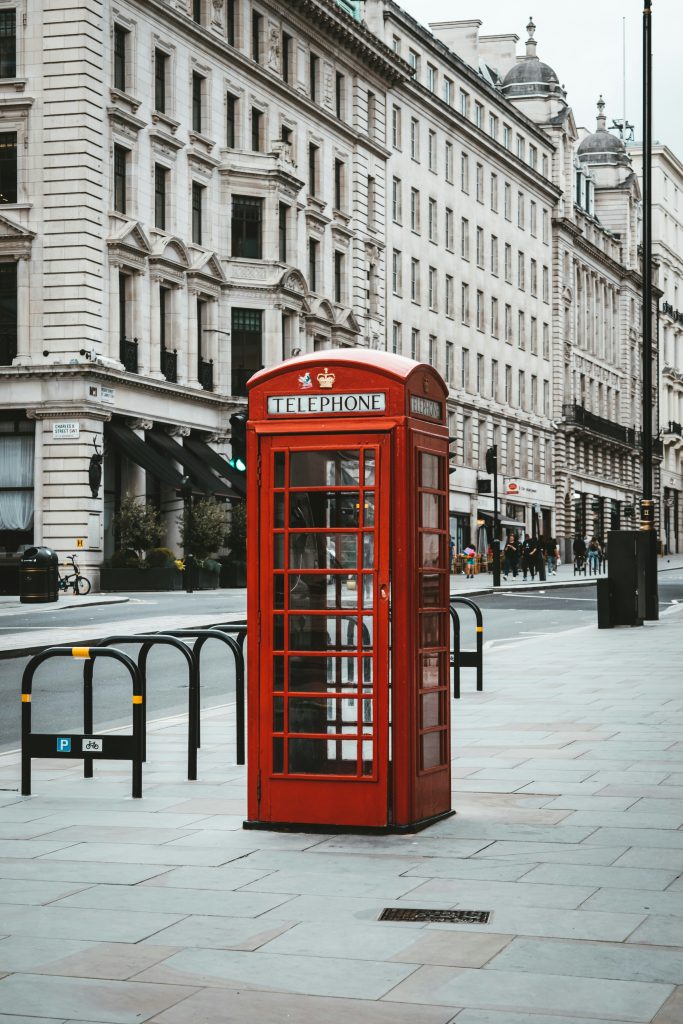London travel guide iconic red telephone booth on a quiet city street