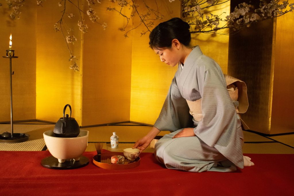 Japanese tea ceremony with traditional preparation and cultural setting