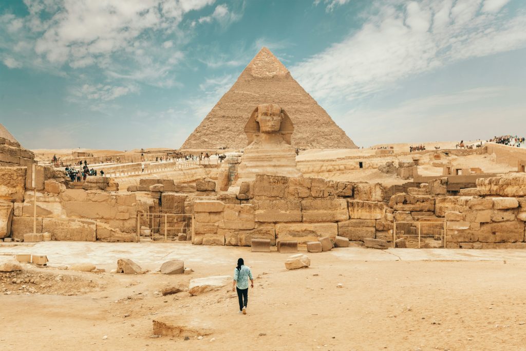 Pyramids of Giza in Egypt with desert landscape iconic ancient landmark