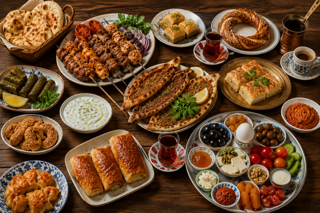 Traditional Turkish breakfast and street food spread with kebabs, baklava, simit, Turkish tea, coffee, and fresh local dishes served on a rustic wooden table.
