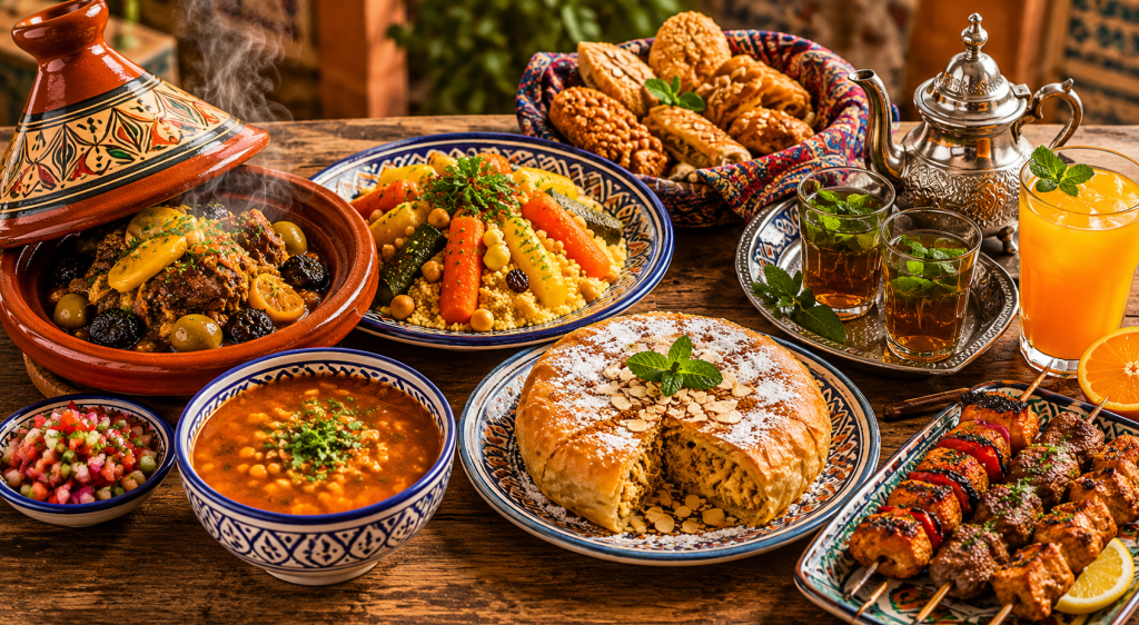 Traditional Moroccan dishes served on a rustic table with tea and fresh orange juice