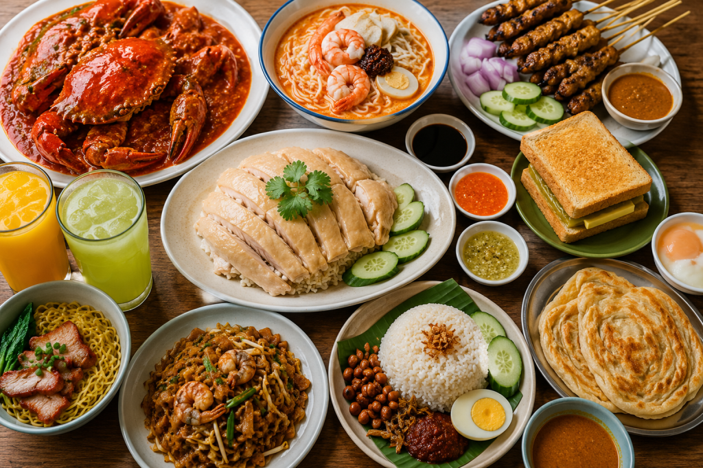 Singapore food spread with chili crab, laksa, satay, chicken rice, noodles, roti prata, and tropical juices on a table