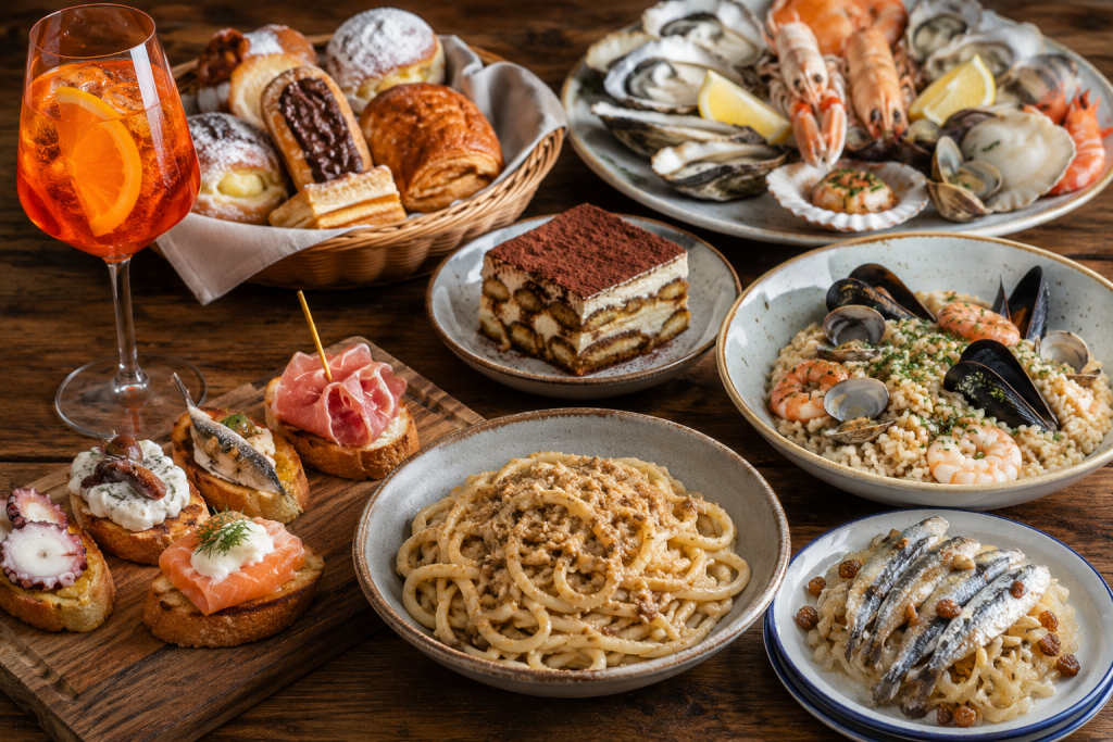 Traditional Venetian food spread with cicchetti, seafood risotto, fresh seafood, tiramisu, pastries, and an Aperol spritz