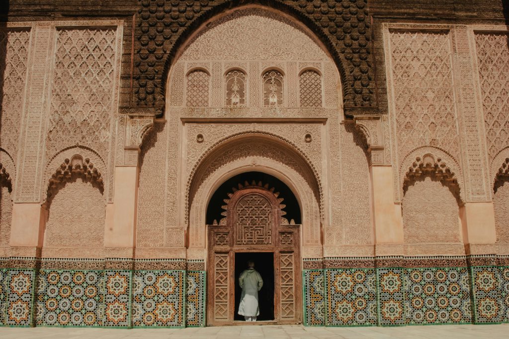Ornate entrance and mosaic details at Bahia Palace