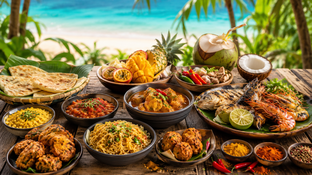 Traditional Mauritian dishes and fresh seafood served on a tropical beachfront table