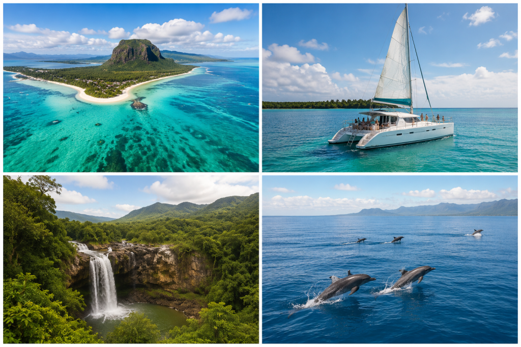 Collage of tropical island experiences including beaches, catamaran sailing, waterfalls and dolphin watching