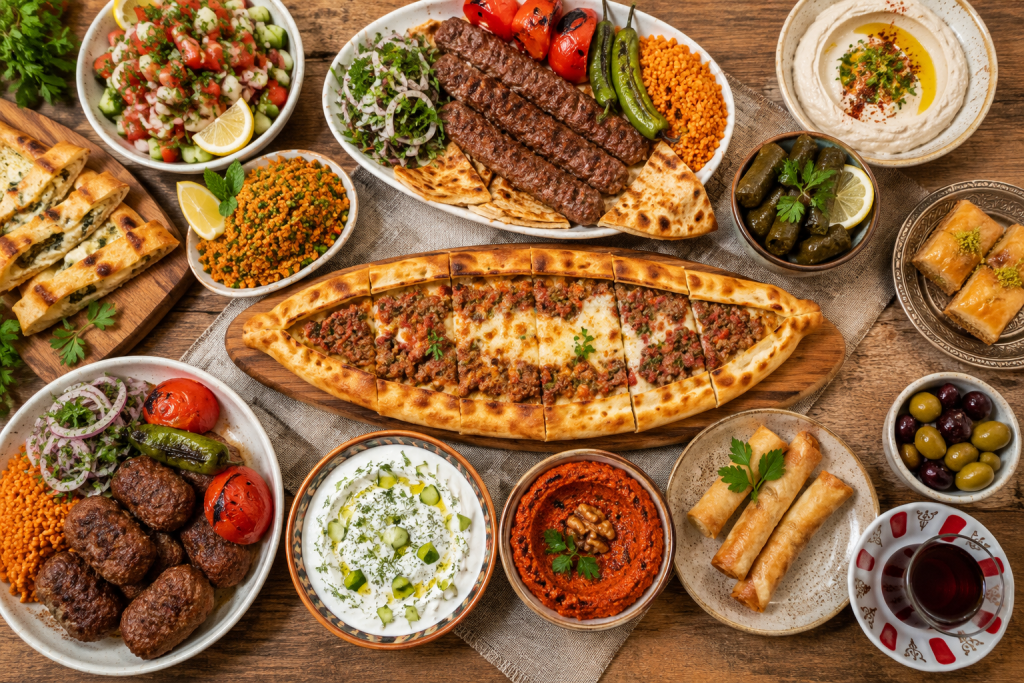 Authentic Turkish food spread with kebabs, pide, baklava, and traditional local specialties