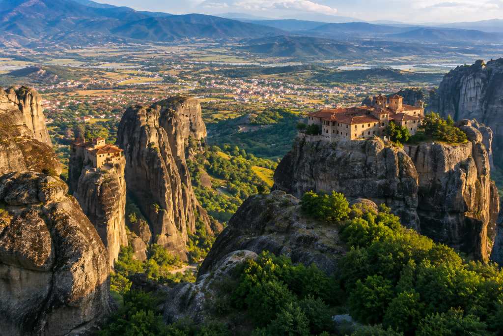 Panoramic aerial view of Meteora monasteries perched on dramatic rock pillars above the Greek countryside.
