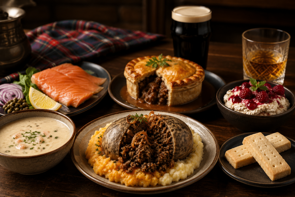 Traditional Scottish dishes served on a rustic wooden table in a cozy pub setting