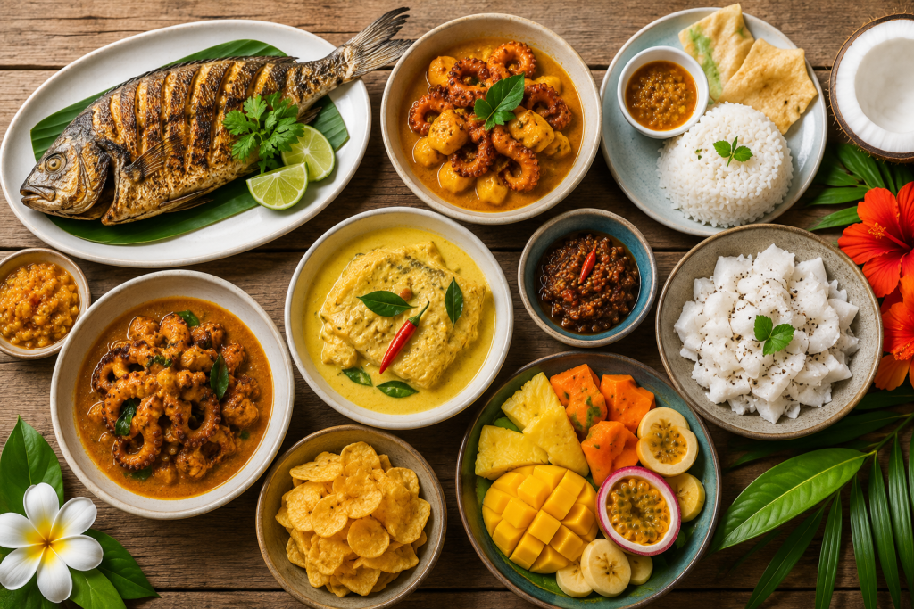 Traditional Creole seafood dishes, grilled fish, tropical fruits, and coconut-based foods served on a wooden table