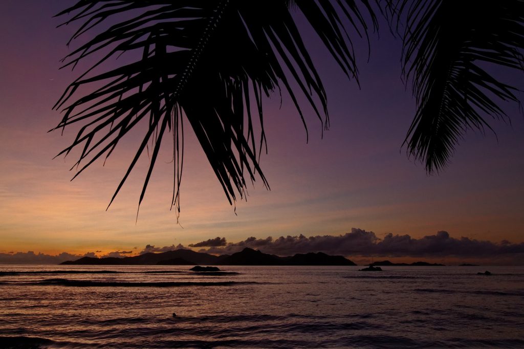 Sunset view over Anse Georgette with calm ocean waters, distant islands, and palm trees silhouetted against the evening sky in Seychelles